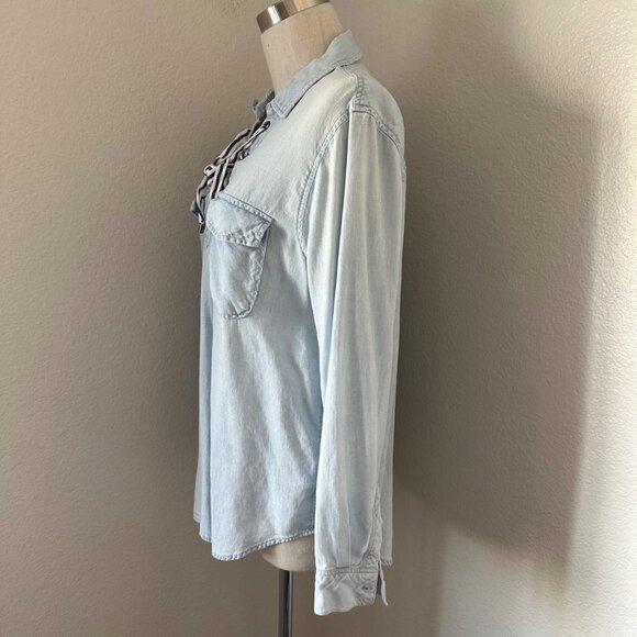 Rails Matea Lace Up V Neck Shirt Spread Collar Linen Blend Vintage Blue Sz M - Picture 5 of 12